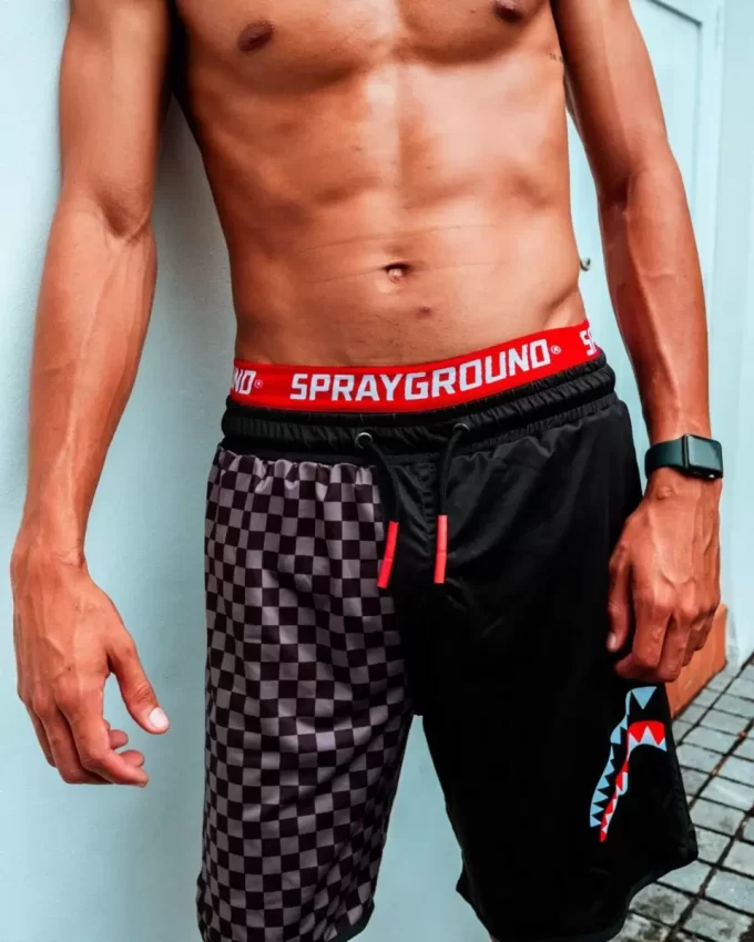 GREY CHECKERED SPLIT CORTO SWIM TRUNKS GREY CHECKERED SPLIT CORTO SWIM TRUNKS